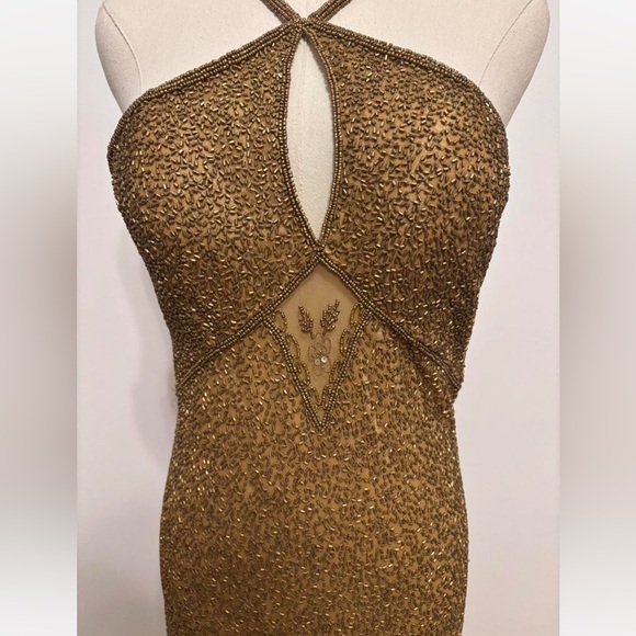 Vintage 100% Silk Beaded Dress Gold Beaded Dress Train Sheer Silk Fairy Prom - Picture 14 of 17